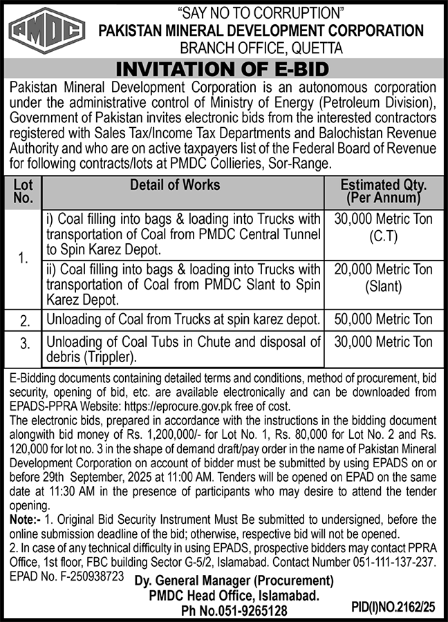 Pakistan Mineral Development Corporation Quetta Tender Notice